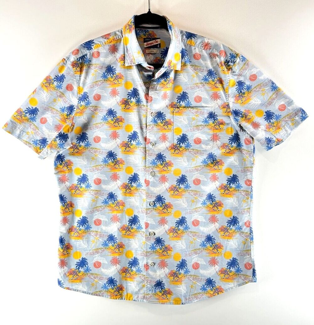 johnnie-O Mens Button Up Shirt Gray Hangin Out Franklin Tropical Camp Boho Large